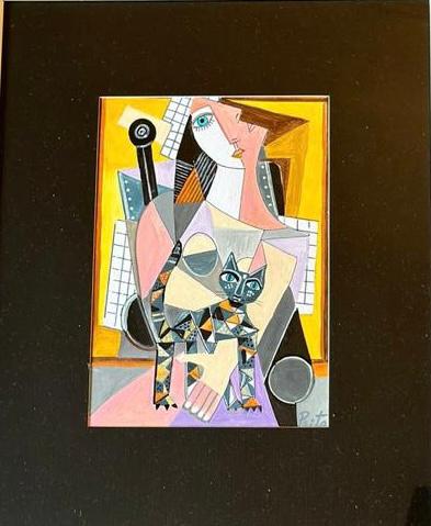 Image of woman and cat with blue eyes Acrylic on paper painting from august.org.in