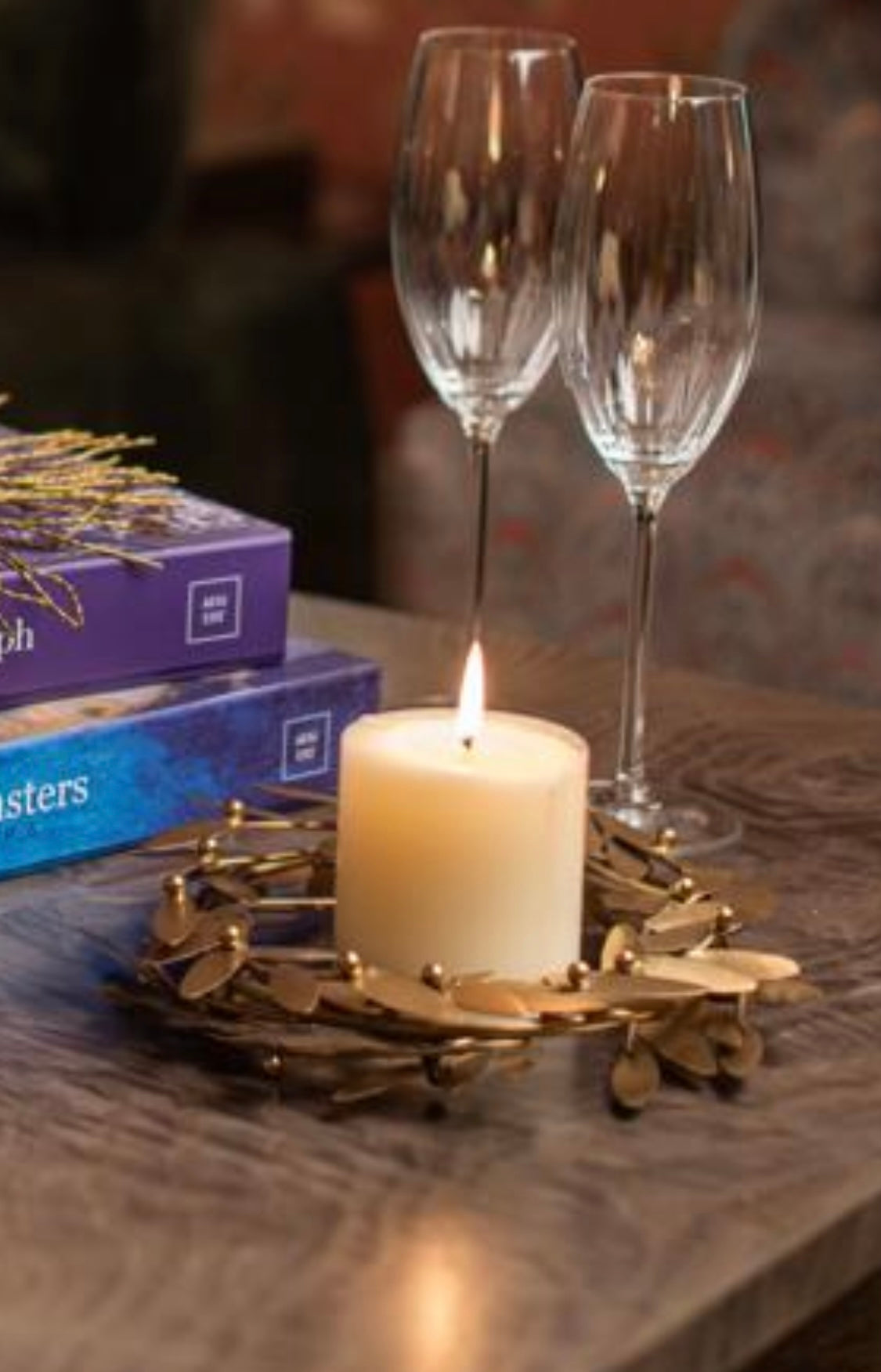 Leafy Gold Crown riser with Candle and two champaign glasses